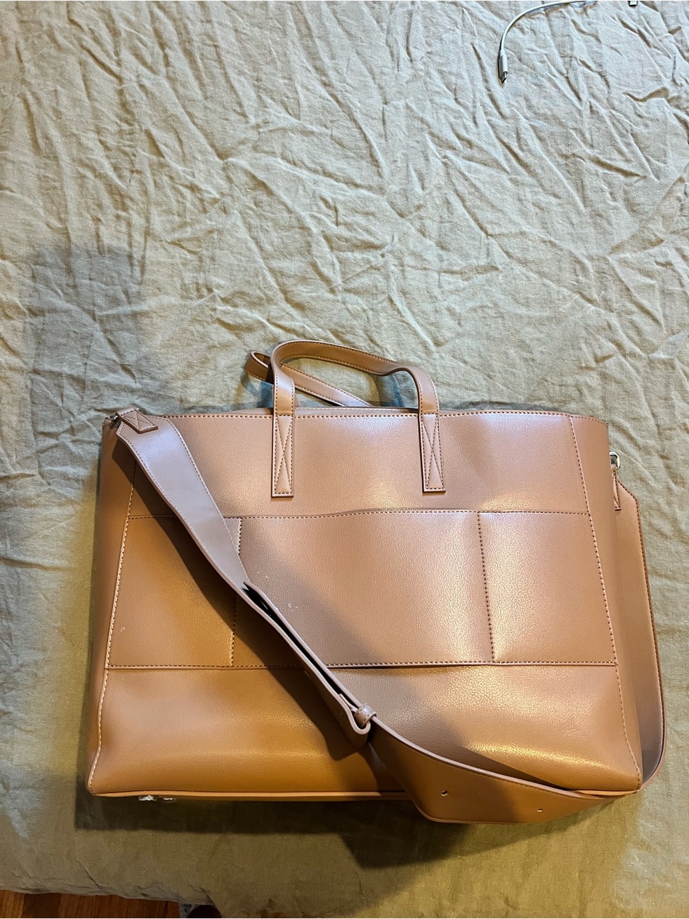 Calpak Tan Leather-Like Laptop Tote with Adjustable Strap